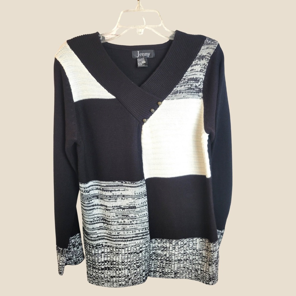 Jenny Sweater Colorblock Patchwork Asymmetric Button Neck Black White Small